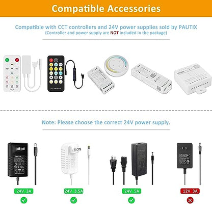 PAUTIX COB LED 스트립 라이트 화이트 CCT 조정 가능한 6400LED, CRI90+ 32.8피트/10m 조도 조절 가능 2700K-6500K 24V LED 테이프 조명, 캐비닛 아래 침실 주방 TV 거울 DIY 조명(어댑터 및 조광기 미포함) - size: 32.8ft(Strip ONLY)