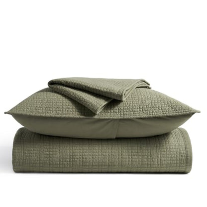 100% Cotton Modern Grid Stitch Quilt Set, Queen Size, Olive Green | Pre-Washed Cotton Coverlet Bedspread, Oversized Lightweight 3-Piece Bedding Set for All Season, with 2 Pillow Shams - color: Olive Green, size: Full/Queen (96" X 94")