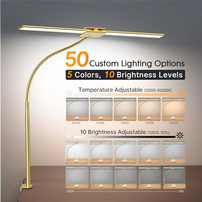 Syrinx LED Desk Lamp for Office Home, Dual Head Eye-Care Architect Lamp | Gesture/Wired Control, Flexible Neck, Bright Desk Light with Memory/Timer, 50 Lighting Modes for Study, Drafting, Gold - color: Gold