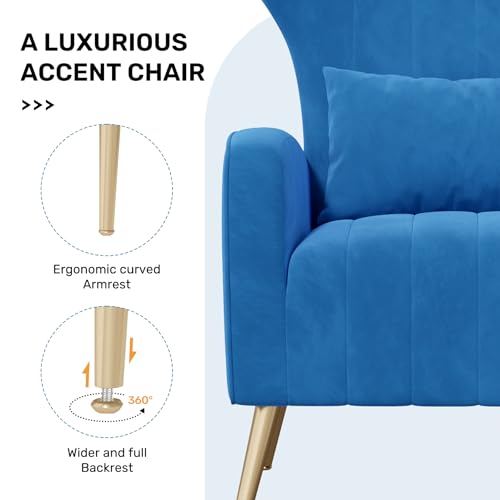 Nebuaegis Velvet Accent Chair Wingback for Living Room, High Back Arm Chair with Golden Legs Lumbar Pillow, Upholstered Single Sofa Bedroom Blue - color: Blue, size: Set of 1