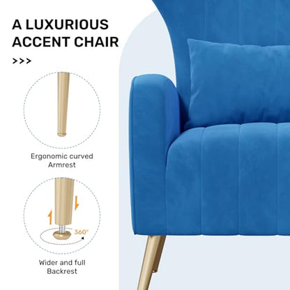 Nebuaegis Blue Velvet Accent Chair Set of 4, Wingback Chair for Living Room, High Back Arm Chair with Golden Legs Lumbar Pillow, Upholstered Single Sofa Bedroom - color: Blue, size: Set of 4