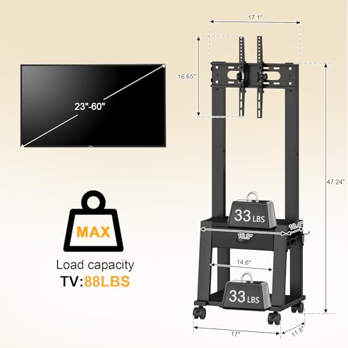 Rolling TV Stand with Storage for 23-60 Inch TVs up to 88 lbs, Height Adjustable Tilt Mobile TV Mount Cart with Drawer & 2 Shelves, Space-Saving Corner Design for Bedroom Living Room, VESA 400x400mm - size: 1 Drawers