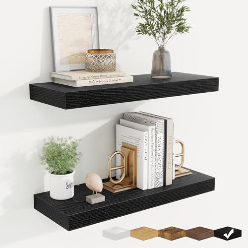 fuqing Floating Shelves for Wall, Wall Mounted Wood Floating Shelf with Invisible Brackets for Living Room, Bathroom, Bedroom, Kitchen Storage and Decor, 20 Inch Set of 2, Black - color: Black, size: 20"W x 6.5"D , 2 Pack