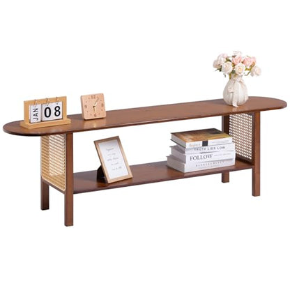 HollyHOME Bamboo TV Stand with Storage for TVs up to 65", Modern Entertainment Center with Rattan Side, Accent TV Table with 2 Shelf, Media Console TV Stand for Living Room, Bedroom, Walnut - color: Walnut Rattan Side