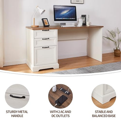 60"L-Shaped Executive Desk with 40"Adjustable File Cabinet,Farmhouse Home Office Desk with Charging Station,Office Desk with Storage Drawers,Wood Computer Desk Set for Office Work,Home Study - color: Off-white