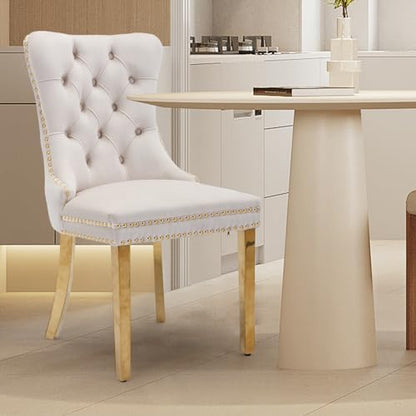 Velvet Upholstered Dining Chairs Set of 2, Modern Style Kitchen Side Chairs with Nailhead Trim and Gold Plated Leg, Metal Pulling Ring for Dining Room Living Room(Beige-Gold Plated Leg) - color: Beige-gold Plated Leg, size: Set of 2