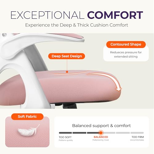 NEO CHAIR Office Desk Chair, Ergonomic Mesh with Flip-Up Armrests, Pink | Lumbar Support, Height Adjustment, 360° Swivel and Rolling Base, Space-Saving Design for Home Office, Vanity or Study - color: Pink