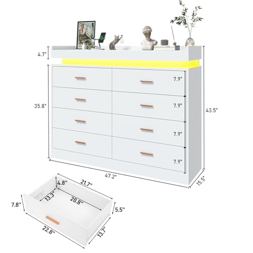 jiteentarou 8 Drawer Dresser with Charging Station and LED Lights, Modern Chest of Drawers with Power Outlet, Organizer Cabinet for Bedroom, Living Room, White - color: White, size: 15.4"D x 47.2"W x 43"H (8 Drawers)