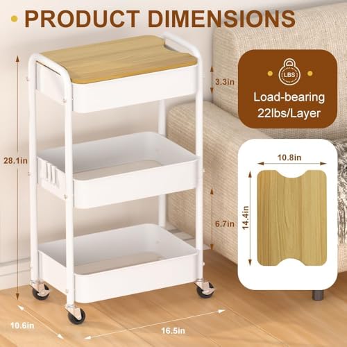 3 Tier Metal Utility Cart, Rolling Storage Cart with Wooden Tabletop, Metal Organizer Cart with Lockable Wheels for Office, Bedroom, Kitchen and Living Room (White) - color: White