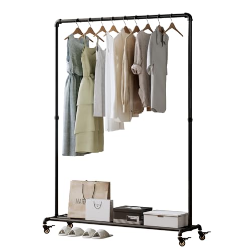 Industrial Pipe Clothing Rack with Wheels,Rolling Garment Rack with Bottom Shelf, Sturdy Metal Clothes Rack for Hanging Clothes Heavy Duty,Black Mobile Wardrobe Rack for Bedroom & Boutique
