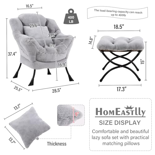Lazy Chair with Ottoman, Plush Reading Chair with Pillow，Gray | Removable machine-washable cover; includes an extra throw pillow; cozy accent chair for living room, bedroom, dorm or office - color: Plush White Grey-1