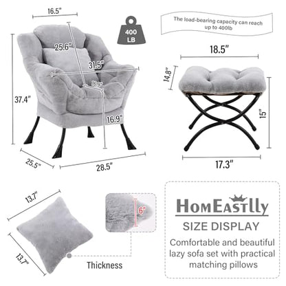 Lazy Chair with Ottoman, Plush Reading Chair with Pillow，Gray | Removable machine-washable cover; includes an extra throw pillow; cozy accent chair for living room, bedroom, dorm or office - color: Plush White Grey-1