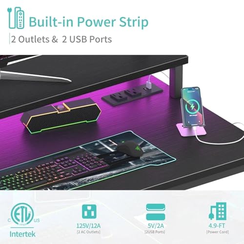 Lufeiya Small Desk with Power Outlets and LED Lights, 32 Inch Teen Writing Study Table Home Office Computer Desks with Monitor Stand, Gaming Desk with Charging Station, Black - color: Black, size: 31.5"