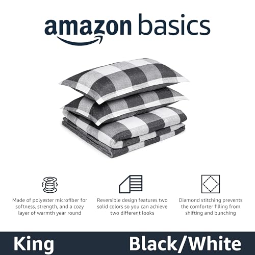 Amazon Basics Lightweight Microfiber Checkerboard Comforter Set, 3-Piece, King, Black/White - color: Checkerboard Pattern, Black/White, size: King