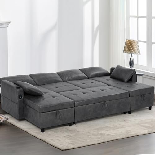110 inches Suede Leather Sleeper Sofa w/Pull Out Bed, Grey | U-Shape Sectional Sofa Bed w/Adjustable Backrest and Storage Chaises, 4-Seats Upholstered Sofa Bed w/USB Port for Living Room - color: Grey, size: 110"
