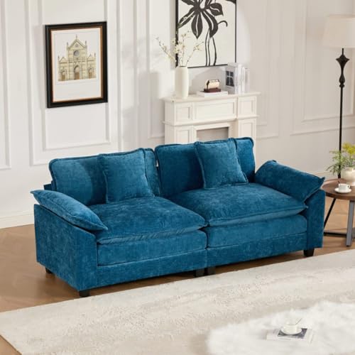 81.9'' Modern Sectional Couch with Double Layer Upholstered Seat Cushion, Chenille LoveSeat Sofa Couch with Wider Armrest and Cushions, Living Room, Bedroom, Apartment, Easy Assembly, Blue - color: Blue