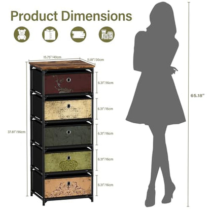 VASICAR Storage Unit with 5 Drawers, Fabric Nightstand, Wood Top | Clothes Organizer, Craft Storage Chest, Small Pattern Dresser for Bedroom, Closet, Nursery, Dorm - size: 11.8"D x 15.8"W x 37.8"H (5 Drawers)