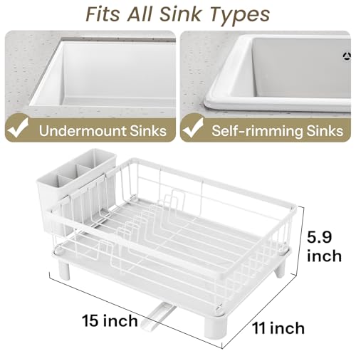SNTD Dish Drying Rack for Small Kitchen Counter, 11" W x 15" L, White | Space Saving, Rotating Spout & Angled Drainboard for Quick Drainage, Stainless Steel, Removable Utensil Holder - color: White, size: 11" W x 15" L