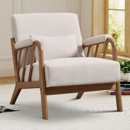 IOMOR Mid Century Modern Accent Chair with Solid Wood Frame, Upholstered Living Room Chairs with Lumbar Cushion Padded Arms, Reading Armchair for Bedroom (1, Beige) - color: Beige