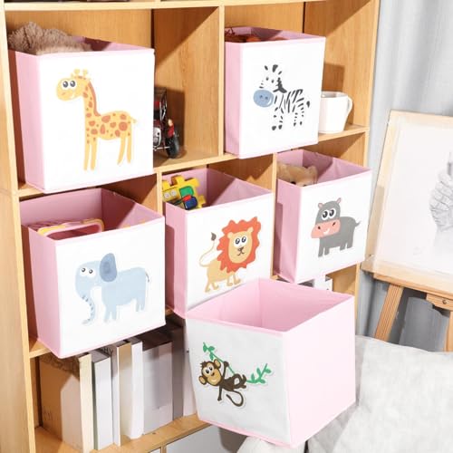 Berlune 6 Pcs Foldable Animal Cube Storage Box 10 x 10 Inch Cube Baskets Non Woven Fabric and Cardboard Kids Storage Bin Toy Organizer Box for Kids Nursery Toddlers