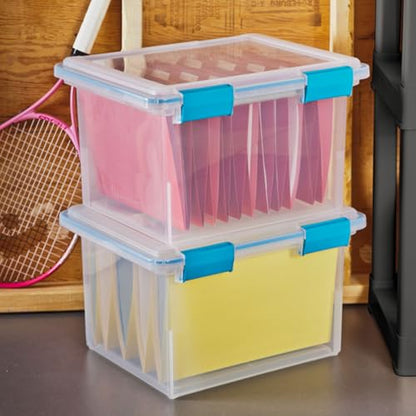 Sterilite 32 Qt Gasket Box, Stackable Storage Bin with Latching Lid and Tight Seal, Plastic Container to Organize Basement, Clear Base and Lid, 4-Pack | Heavy-Duty, Stackable, and Organizing Containers for Bathroom, Cabinet, Closet, and Garage, Clear and