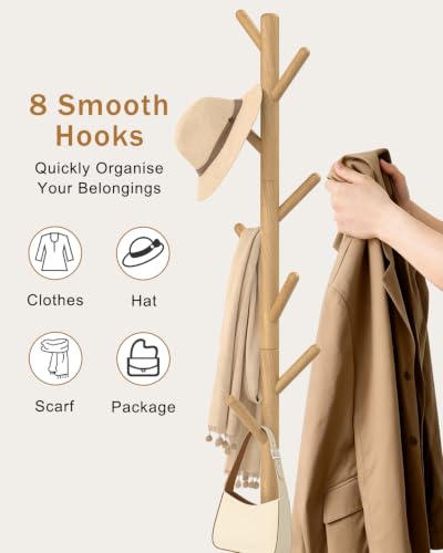 Yawinhe Wooden Coat Rack Freestanding,Hall Tree with 8 Hooks,Natural | 3 Adjustable Heights Coat Standing Tree; Sturdy Clothes Stand with Square Base; Coat Tree for Entryway, Hallway - color: Natural