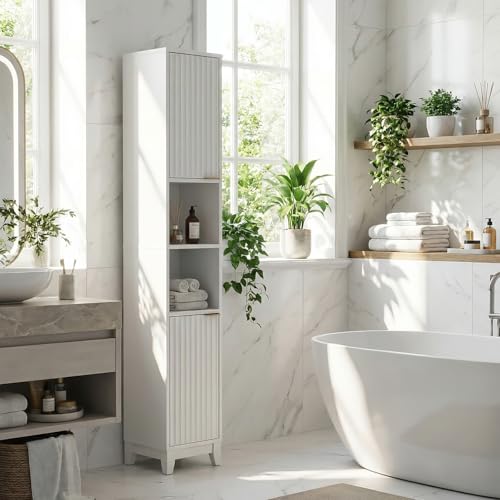 VINGLI White Fluted Tall Narrow Bathroom Cabinet, 67" Slim Freestanding Storage Cabinet for Small Spaces, Wood Linen Tower Floor Cabinet with 2 Doors, Open Shelves & Soft-Close Hinges