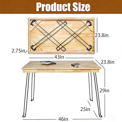 Solid Oak Folding Desk 43 Inch No Assembly Portable Table | Foldable steel legs ，Natural Wood Grain Finish，Lightweight for Easy Moving， for Home Office Writing Reading