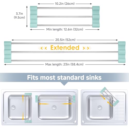 Tomorotec Adjustable Over-The-Sink Kitchen Rack, BPA-Free, Light Cyan | Holds 16.5 Lbs; For Dishcloths, Sponges, and Brushes - Heat-Resistant Stainless Steel with Slim, Expandable Design - color: Light Cyan
