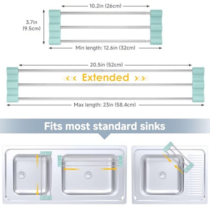Tomorotec Adjustable Over-The-Sink Kitchen Rack, BPA-Free, Light Cyan | Holds 16.5 Lbs; For Dishcloths, Sponges, and Brushes - Heat-Resistant Stainless Steel with Slim, Expandable Design - color: Light Cyan