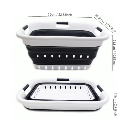 SAMMART 41L Collapsible 3 Handled Plastic Laundry Basket - Foldable Pop Up Storage Container/Organizer - Portable Basket - Space Saving Hamper/Basket (3 handled rectangular, White/Black) - color: White/Black