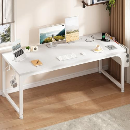 DurayLoly 63 x 24 inch Large Desk, 24mm Thick Heavy Duty Computer Desk with RGB LED & Power Outlets, Gaming Desk with Detachable Stand, Hooks & Storage Bag, 150LBS Load Capacity, White - color: White, size: 63 Inch