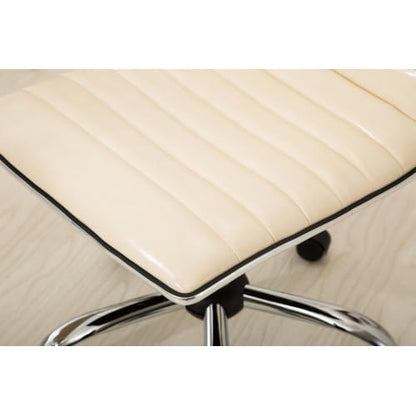 Small Armless Swivel Vanity Office Desk Chair with Wheels for Bedroom Study | Adjustable Task Chairs with Faux Leather Fabric & Padded Seat, Modern Adjustable Height Work Chairs for Home Office, Beige - color: Beige