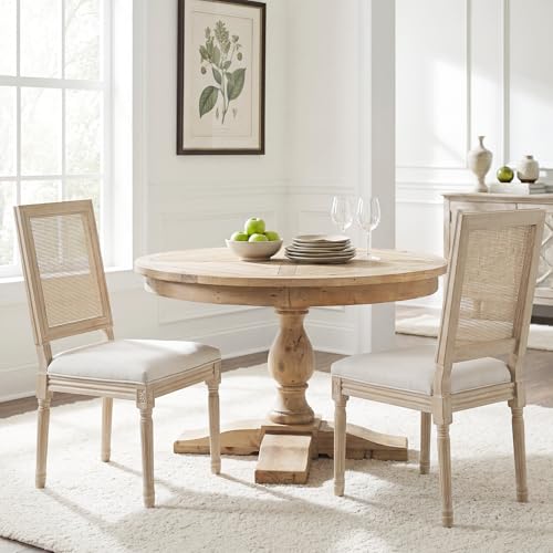 Kmax Farmhouse Dining Room Chairs, Fabric French Distressed Bedroom Chairs with Rectangle Rattan Back, Elegant Tufted Kitchen Chairs, Set of 2, Light Grey - color: White Wash/Rattan Light Grey, size: 2 Chairs