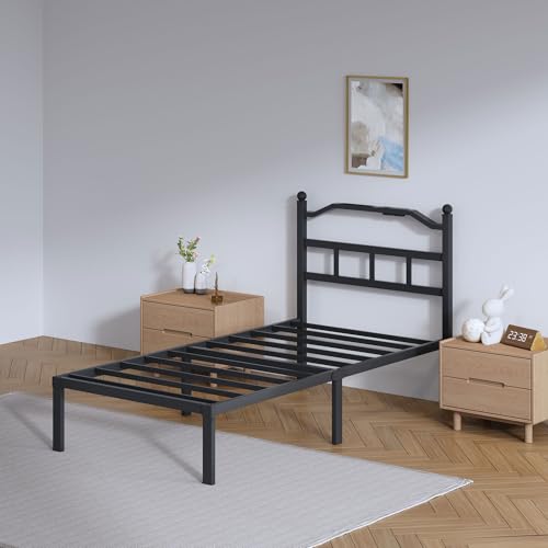SHOANED Twin Size Bed Frame - 14 Inch Metal Heavy Duty Bedframe with Charging Station Black Basic Steel Slats Platform with Headboard No Box Spring Needed/Easy Assembly - size: Twin, style: 14 Inch with Charging Station