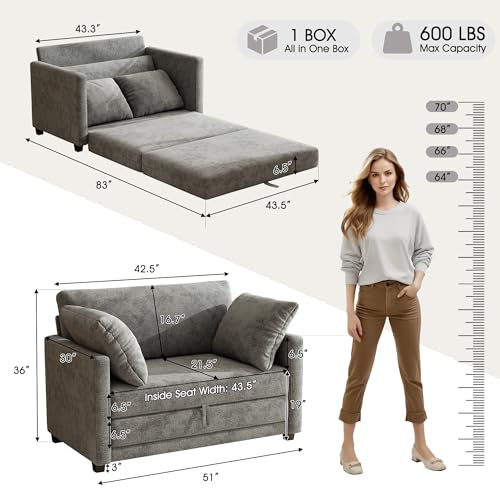 51" Loveseat Sleeper Sofa Bed, Chenille Convertible Floor Sofa Bed for Small Spaces, Folding Couch Bed with Deep Seat, 2 Pillows & Solid Frame, Pull Out Floor Couch for Living Room, Grey - color: Grey, size: 51" W