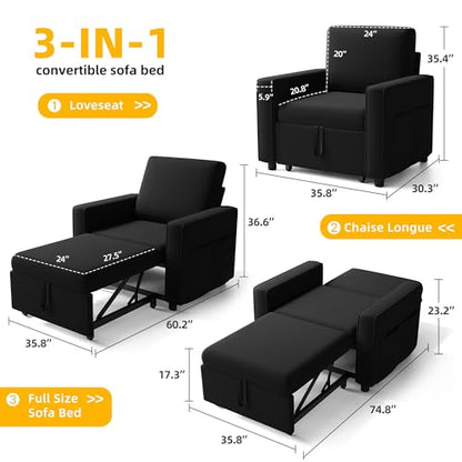 YITAHOME Convertible Sofa Chair Bed | 3-in-1 Sleeper Sofa with Pull-Out Bed, Linen Fabric Single Sleeper Chair with Reclining Backrest and Wide Armrest, Modern - color: Black, size: 74.8 x 35.8in