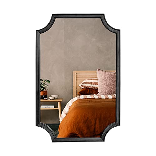 24" x 36" Full Scalloped Corners Arch Rectangle Wall Mirror with Wood Frame for Entryway, Living Room or Bedroom Home Decor - Light Woodgrain [24" x 36" Black] - color: Black F, size: 36"L x 24"W