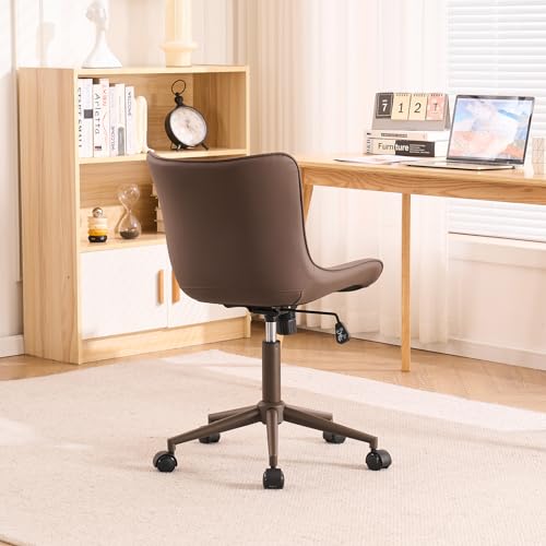 YOUTASTE Armless Office Desk Chair with Wheels, Adjustable Swivel Vanity Chair, PU Leather Upholstered, Ergonomic Back Support, Modern All Brown Computer Chair for Home Office, Bedroom, Study - color: All Brown