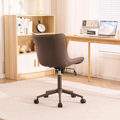 YOUTASTE Armless Office Desk Chair with Wheels, Adjustable Swivel Vanity Chair, PU Leather Upholstered, Ergonomic Back Support, Modern All Brown Computer Chair for Home Office, Bedroom, Study - color: All Brown