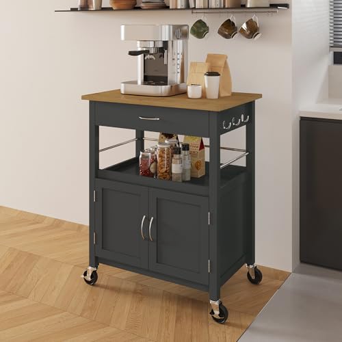 Kitchen Island Cart on Wheels, Gray Base, Natural Bamboo Top | Drawer, Storage Cabinet, Shelf, Butcher Block - color: Grey Base