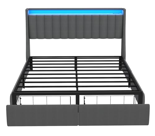 SADENICEL Queen Bed Frame with 2 Storage Drawer, Queen Size Bed Frame, Grey | Headboard with Charging Station and LED Lights, Metal Platform Bed with Storage Shelf, Noise Free, No Box Spring Needed - size: Queen, style: Channel Tufted & 2 Storage Drawers