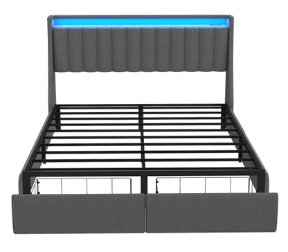 SADENICEL Queen Bed Frame with 2 Storage Drawer, Queen Size Bed Frame, Grey | Headboard with Charging Station and LED Lights, Metal Platform Bed with Storage Shelf, Noise Free, No Box Spring Needed - size: Queen, style: Channel Tufted & 2 Storage Drawers