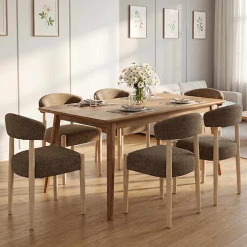 VKNOW Wooden Dining Chairs Set of 6 with Rubberwood Legs, Curved Backrest | Modern Upholstered Dining Chairs with Thickened Cushion, Soft Chenille Fabric, for Dining Room/Kitchen, Dark Brown - color: Dark Brown, size: Set of 6