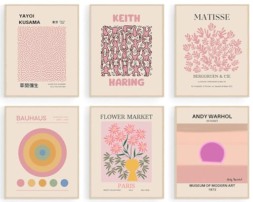 Matisse Wall Art Prints, Abstract Matisse Wall Art Exhibition Posters, Minimalist Pink Matisse Flower Market Yayoi Kusama Mix Gallery Wall Art, Boho Canvas Art Prints Beige Pink Room Decor for Room - color: Pink Matisse Wall Prints, size: 8x10 inch