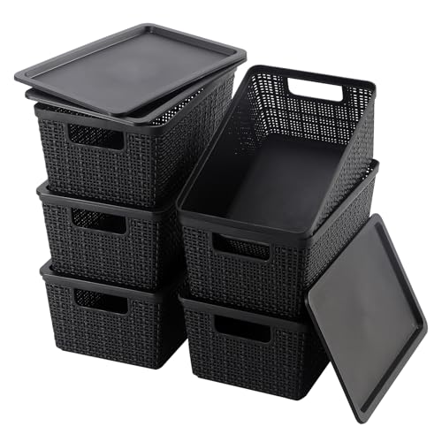 6 Pack Plastic Storage Baskets With Lids,Black Breathable Stackable Storage Bins,Small Storage Containers,for Organizing Storage Baskets on Desktops,Closets,Playrooms,Classrooms,Offices - color: Black