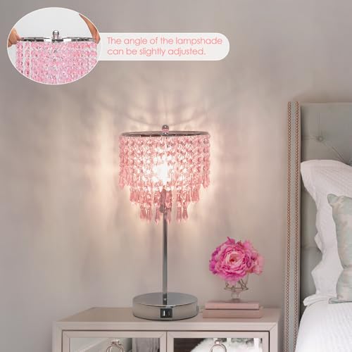 Touch Bedside Lamp with USB C+A Ports, Silver with Pink Crystal Shade | 3-Way Dimmable Crystal Table Lamp, Nightstand Light for Girl Room, Desk Lamp for Bedroom Living Room, B11 LED Bulb Included - color: Pink