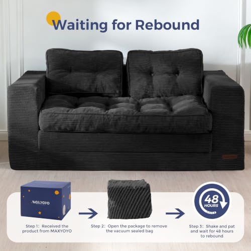 MAXYOYO Folding Sofa Bed, Convertible Sleeper Loveseat with Pillows | 2-Person Fold-Out Loveseat, Convertible Sleeper Bed with Supportive Pillows for Relaxing or Overnight Guests, Black - color: Black