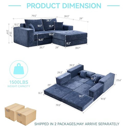 79" Boneless Cloud Loveseat Sofa, Modular Sectional Love Seat with Ottoman, Modern L-Shaped Tufted Convertible Sleeper Sofa Bchenilleed for Living Room & Small Spaces, No Assembly Required, Blue - color: Blue, size: 79.5" Tufted Boneless Loveseat