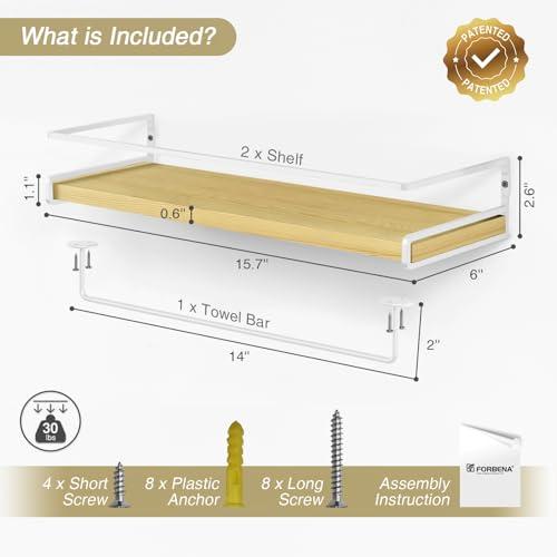 Forbena Natural Wood Bathroom Floating Shelves for Wall Set of 2, Light Wood Wall Shelves with Rail for Bathroom Nursery Office (Natural Wood and White) - color: 9. Natural Wood